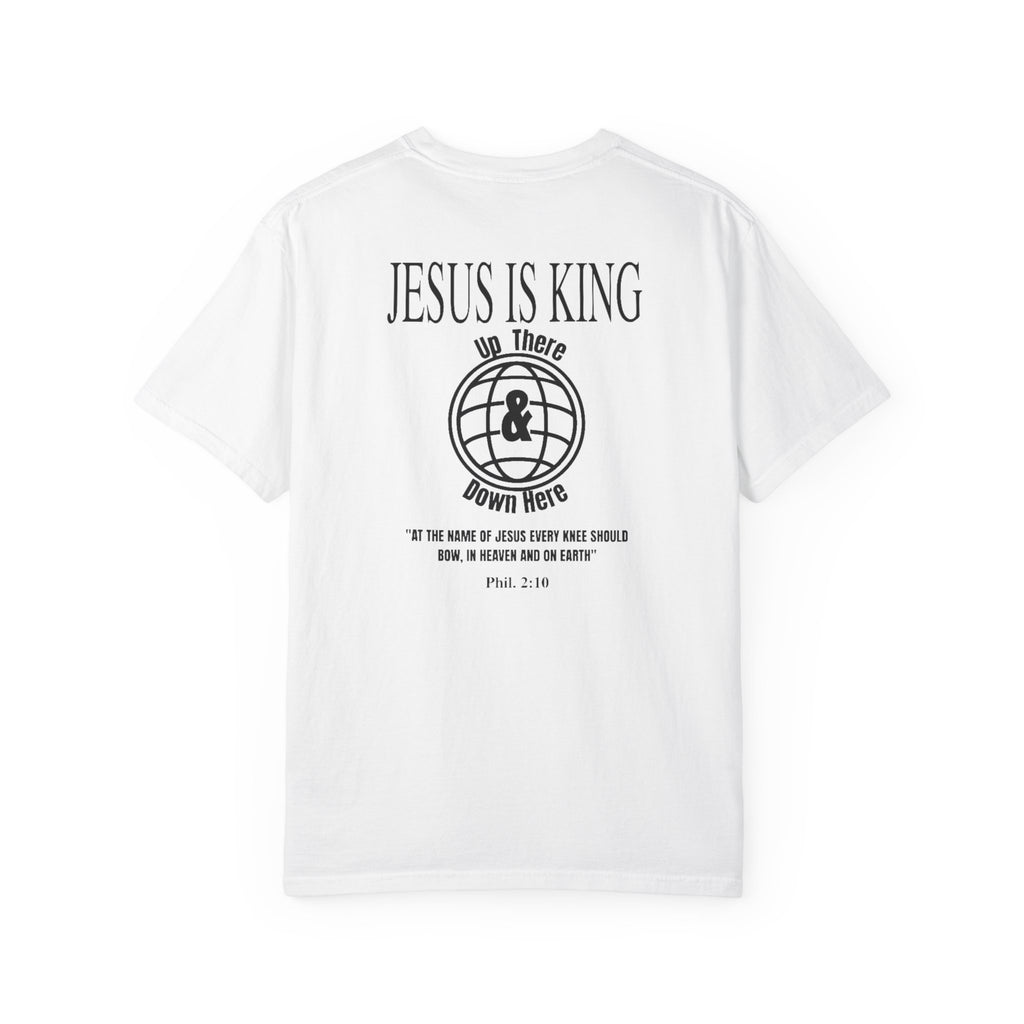 White t-shirt with 'Jesus is King' text and globe design on a white background