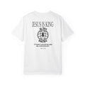 White t-shirt with 'Jesus is King' text and globe design on a white background