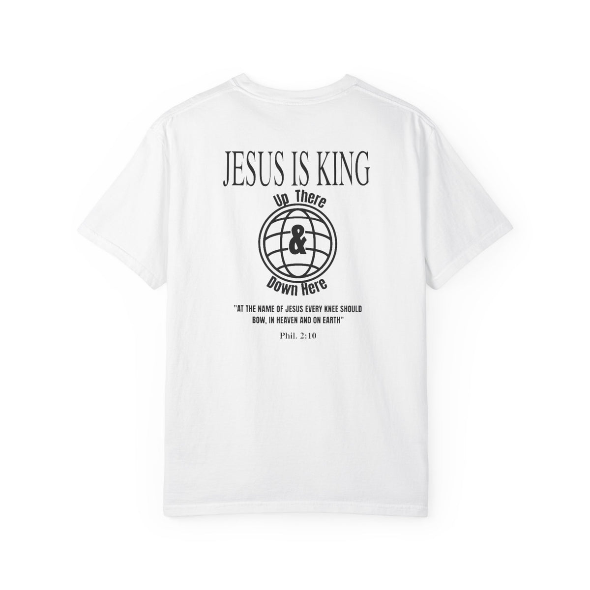 White t-shirt with 'Jesus is King' text and globe design on a white background