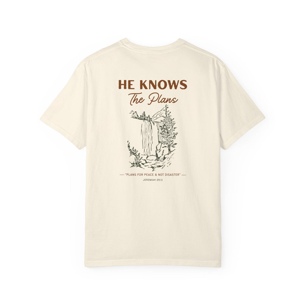Beige t-shirt with text and graphic design on a white background