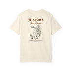 Beige t-shirt with text and graphic design on a white background