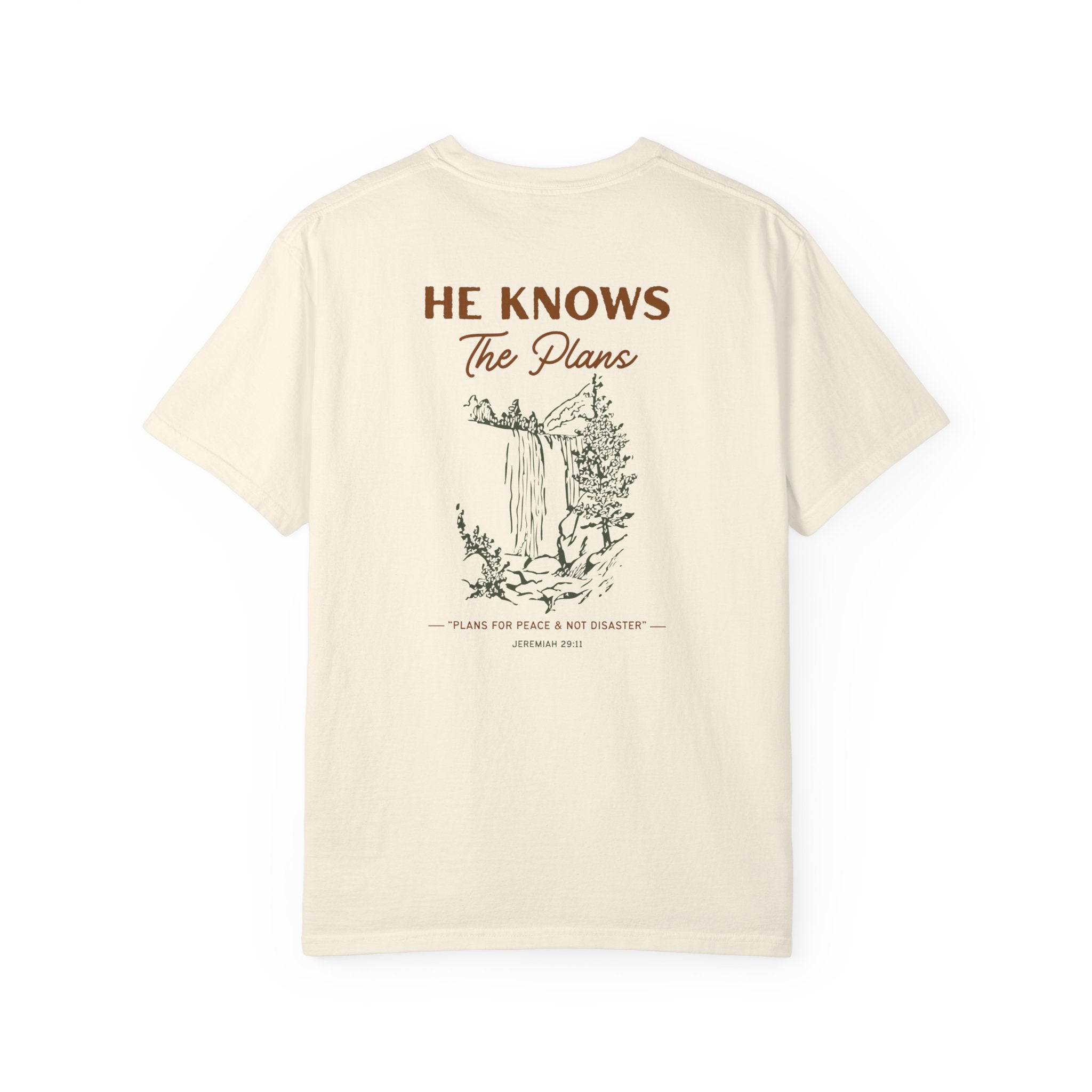 Beige t-shirt with text and graphic design on a white background