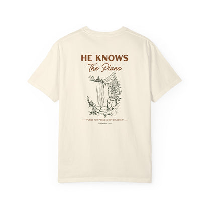 Beige t-shirt with text and graphic design on a white background