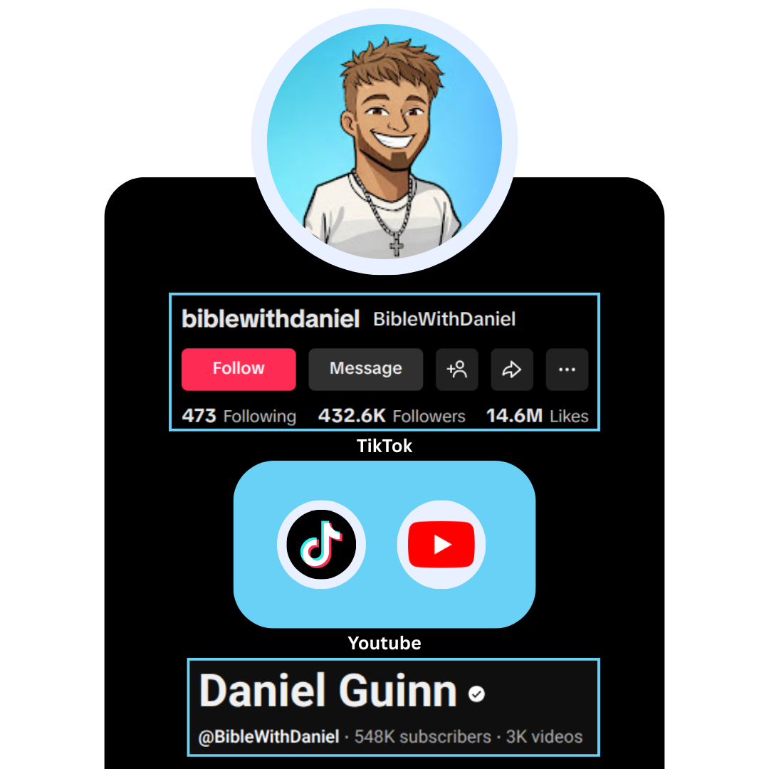Social media profile graphic with 'BibleWithDaniel' on various platforms