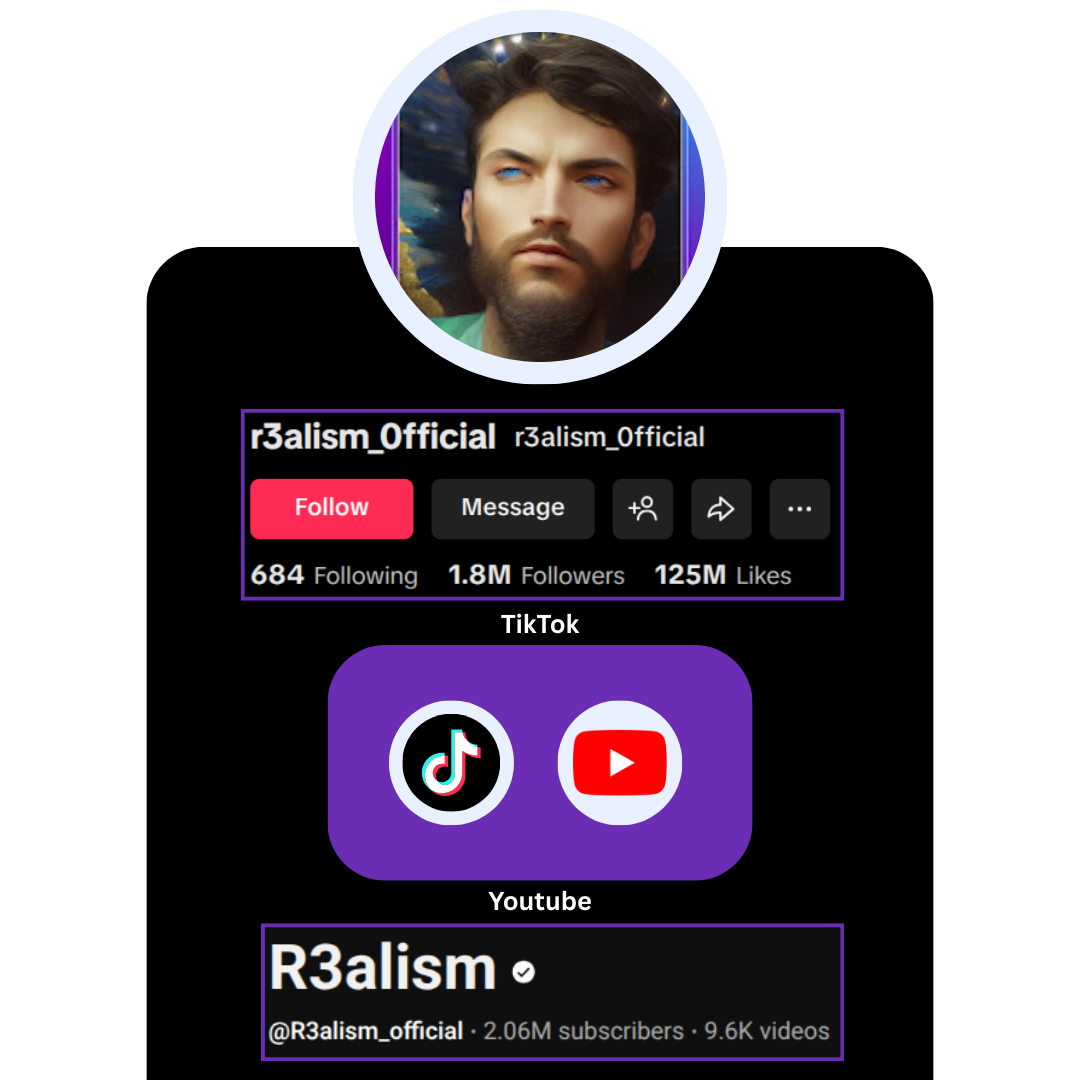 Social media profile with TikTok, YouTube, and other icons on a white background