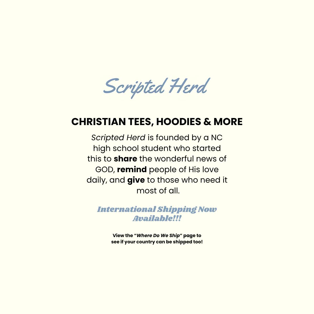Promotional text for 'Scripted Herd' featuring Christian merchandise on a white background.