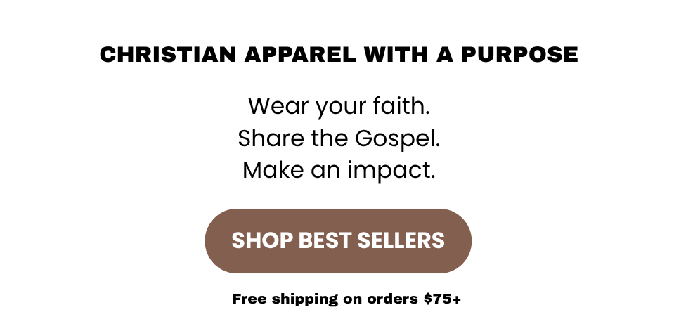 A man wearing a cream-colored t-shirt with 'JESUS ULSUS' printed in black on the front, sitting in the bed of a truck outdoors at sunset. The right side of the image features a text banner that reads 'CHRISTIAN APPAREL WITH A PURPOSE' and includes a 'SHOP BEST SELLERS' button.
