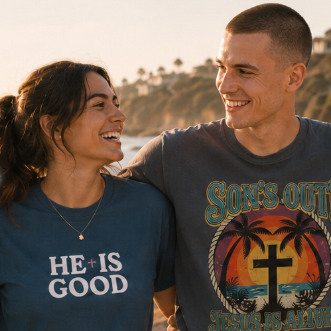 Two people standing together with shirts displaying messages, one with 'He is Good' and the other with a religious design.