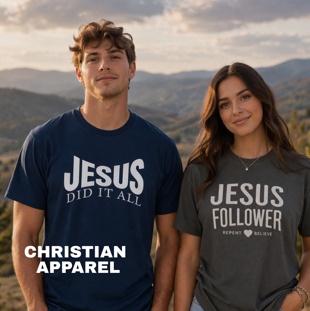 Two people wearing 'Jesus Did It All' and 'Jesus Follower' t-shirts with a scenic background.
